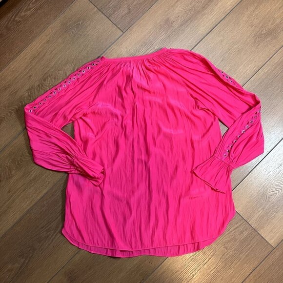 For 2 by Ramy Brook Dark Pink Tie Collar Balloon Sleeve Lightweight Top (Size M) - Picture 2 of 5